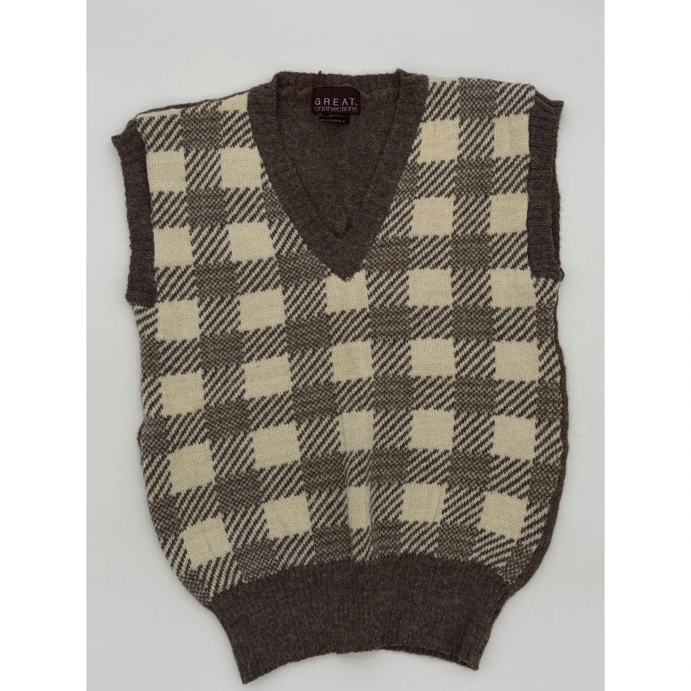 Great Connections Mens Vintage Checkered V-Neck Sweater Vest Brown Cream Size M